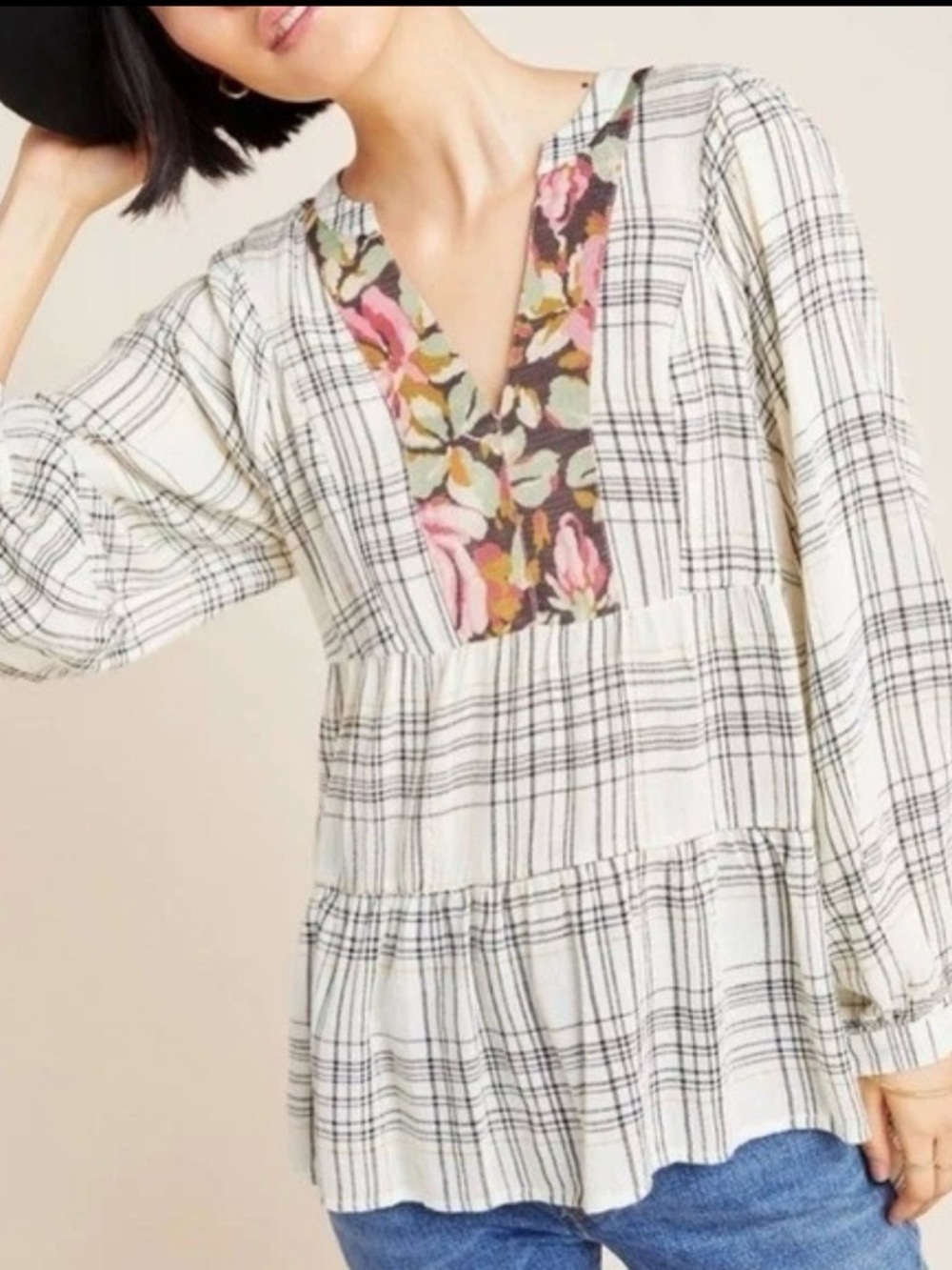 Anthropologie Darlene Plaid Peasant Floral Popover Tunic  Women medium Petite